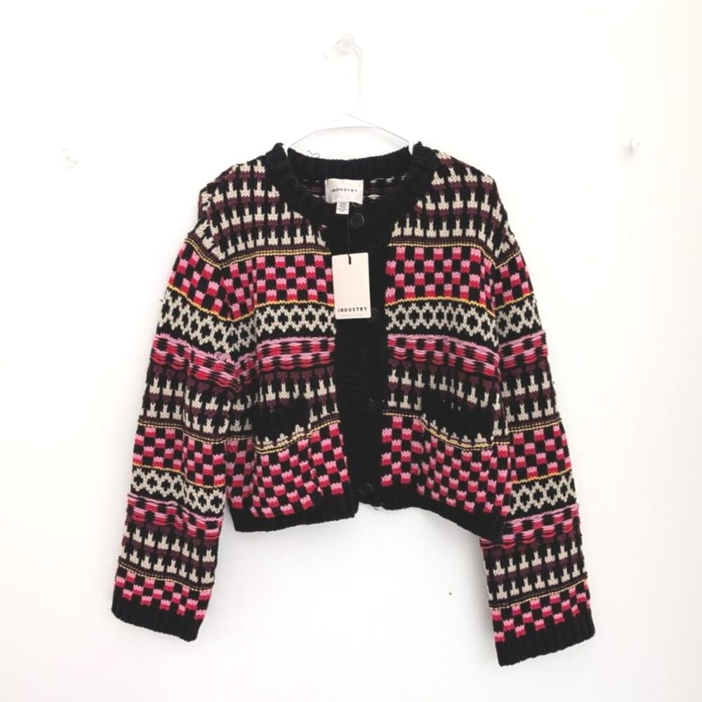 Industry Republic Clothing Cardigan Medium Womens Black Fair Isle Pink Multi